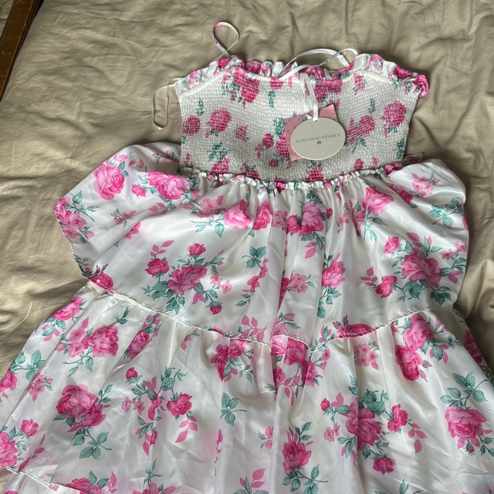 LoveShackFancy White Smocked Top with Pink Rose and Teal Leaf Print